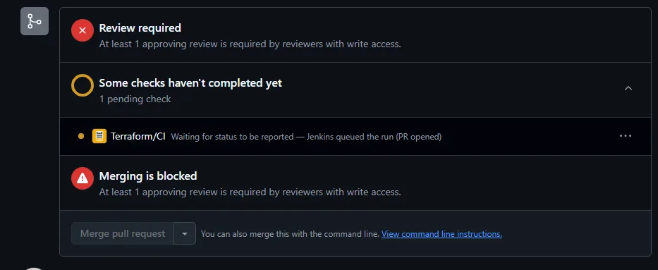 PR의 Terraform/CI 체크가 Jenkins 대기 중인 pending 상태로 표시된 화면