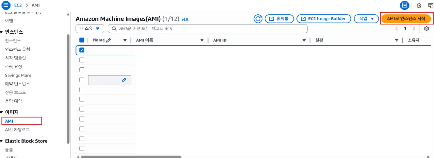 EC2 콘솔의 AMI 목록에서 AMI로 인스턴스 시작을 선택하는 화면