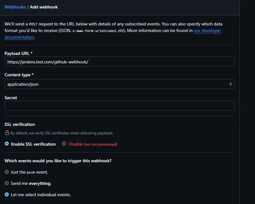 GitHub Add webhook 화면에 Payload URL과 Content type을 입력한 모습