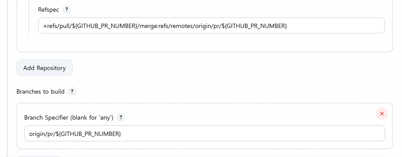 Jenkins Git 설정에서 Refspec과 Branch Specifier를 PR 머지 ref로 지정한 화면
