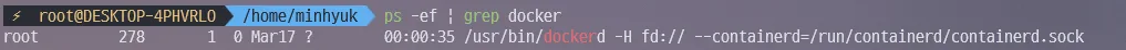 ps 명령으로 확인한 상시 실행 중인 dockerd 프로세스