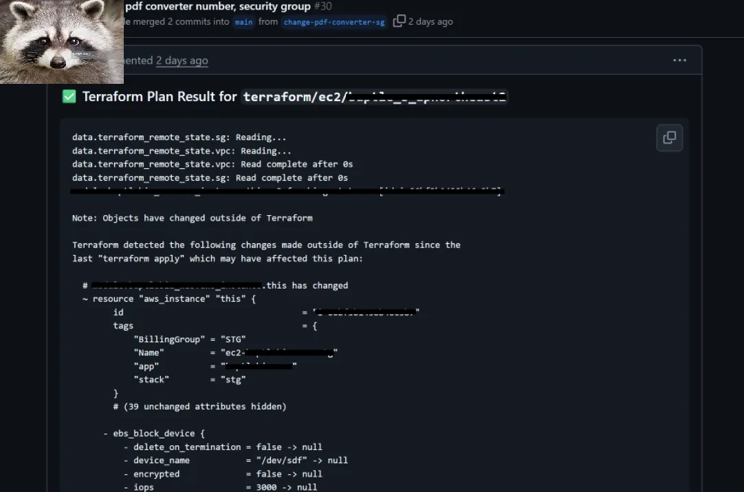 PR에 Terraform Plan 결과가 디렉토리별 댓글로 달린 화면