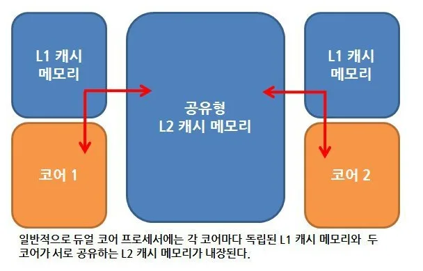 코어마다 독립된 L1 캐시와 두 코어가 공유하는 L2 캐시